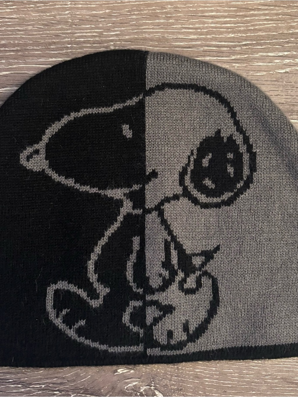 Two-Tone Black & Gray Knit Beanie with Split Character Motif